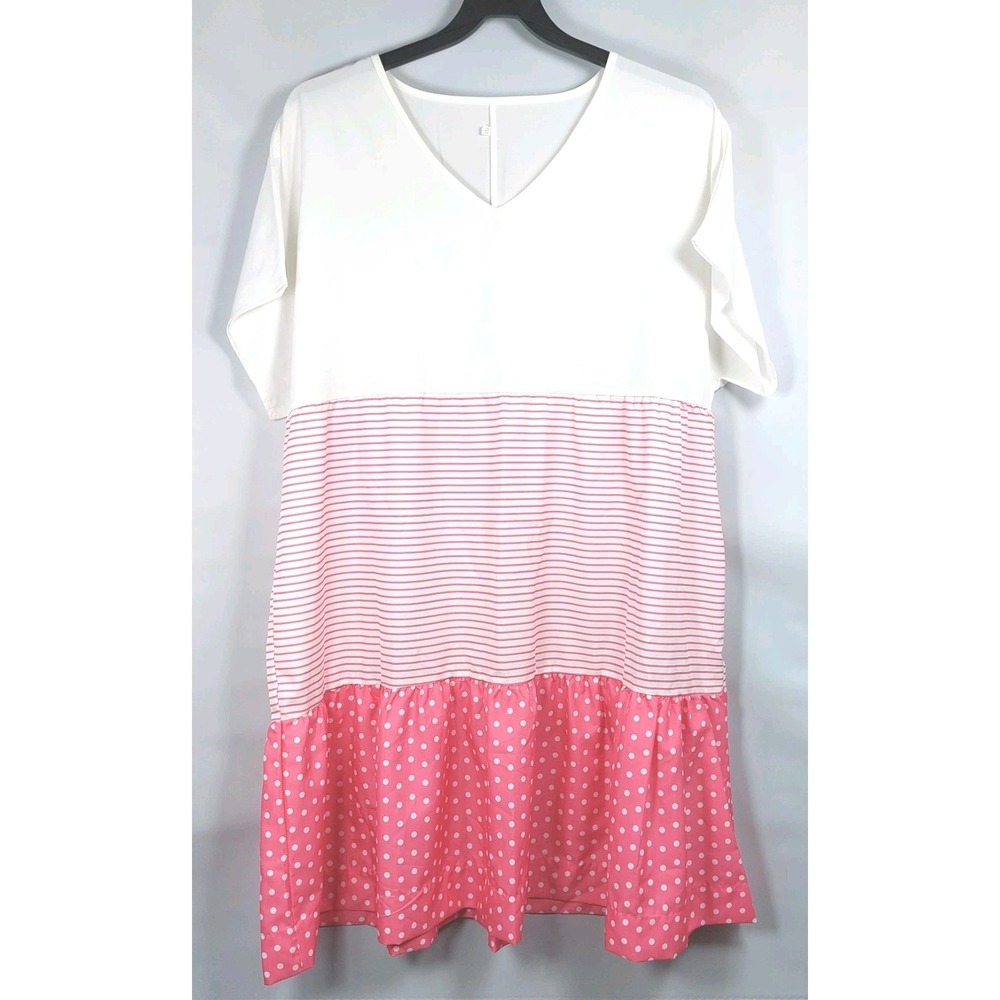 Temu Ruffel Layer Summer Dress Womens 4XL Pink Ivory Vneck Flowy Multi Pattern